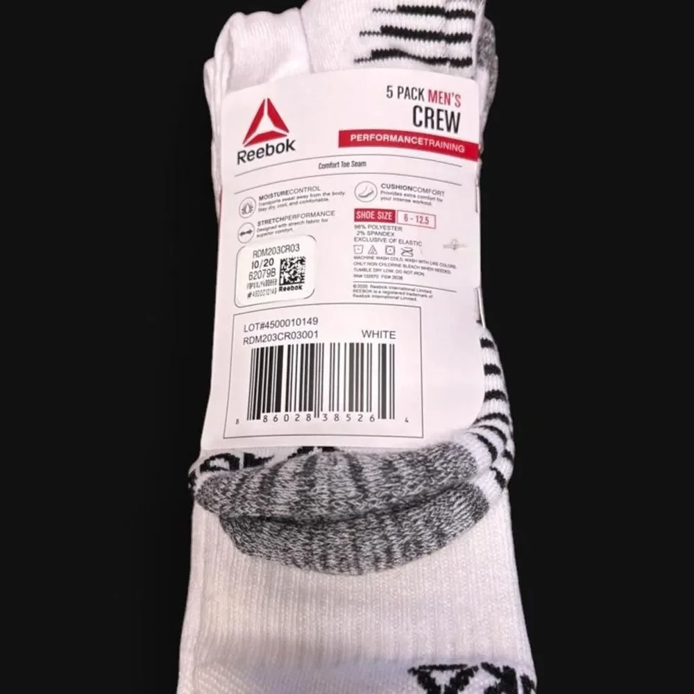 Reebok Men’s 5 Pack Crew Performance Training Socks White Size 6-12.5